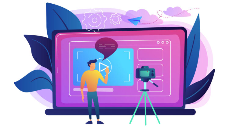 A man in front of camera recording a video to share it in internet. Vloger shares a bradcast in blog or video log. Video bloging, web television or embedded video concept. Violet palette. Vector.